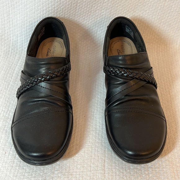 Clarks Black Leather Cora Braid Shoe Slip On Clog Loafer size 7 NARROW‎ - Picture 2 of 9